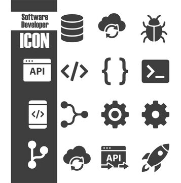 Software developer programming code icon set.