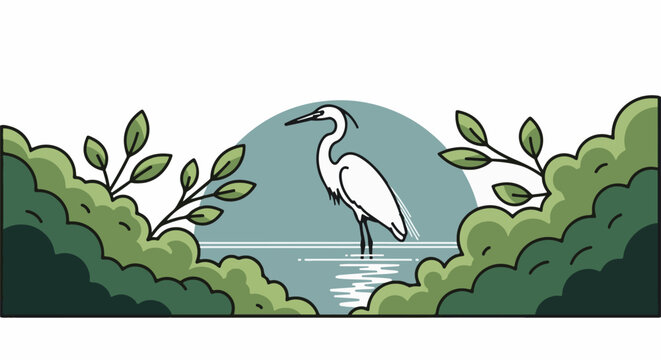 White egret stands in calm water surrounded by lush green foliage