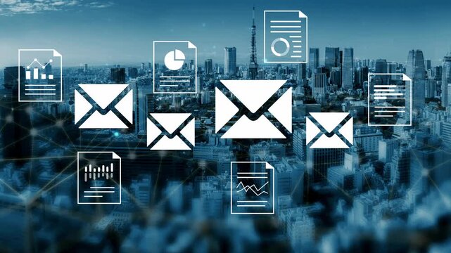 Digital Communication Concept with City Skyline and Mail Icons, Email Symbols Representing Business Correspondence and Data Exchange in Urban Environment Gluon.