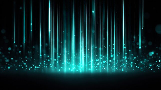 Abstract glowing turquoise light streaks falling down with bokeh particles on black background