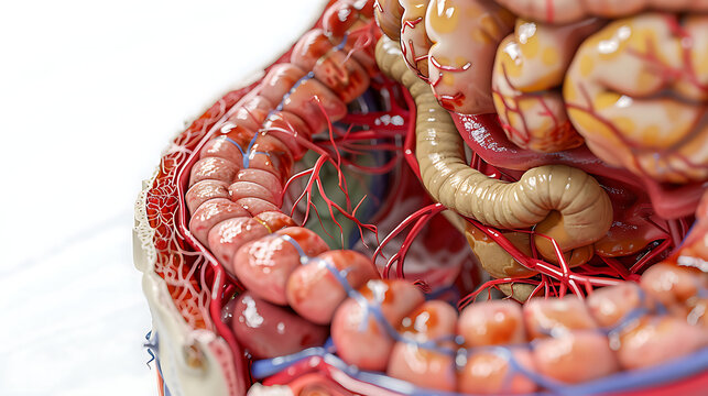 Illustration of medical anatomy, cross-section of the lower gastrointestinal tract and pelvic anatomy, enlarged vascular pads in the distal gastrointestinal tract, detailed venous network, realistic h