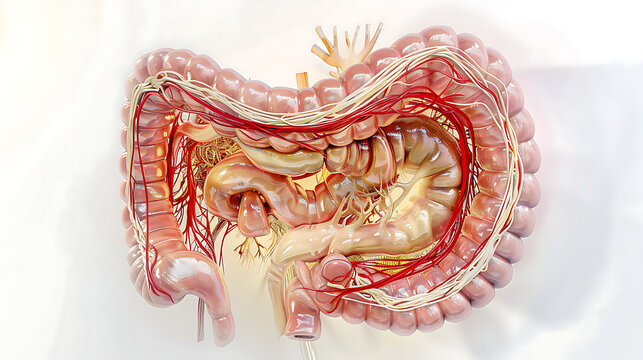 Professional medical anatomical illustration, cross-section of the lower gastrointestinal tract and pelvic anatomy, enlarged vascular pads in the distal gastrointestinal tract, detailed venous network