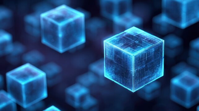 Abstract glowing blue cubes with digital circuit patterns float in dark space