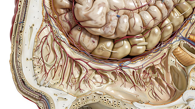 Medical anatomy, cross-section of the lower gastrointestinal tract and pelvic anatomy, enlarged vascular pads in the distal gastrointestinal tract, detailed venous network.