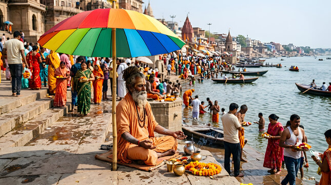 Ganga dussehra spiritual festival with holy man meditating by river