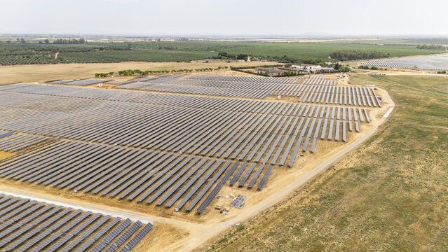 Aerial view of rows of solar panels in a large photovoltaic power plant surrounded by green fields and olive groves under a bright sky Coria del Rio, Andalusia, Spain.