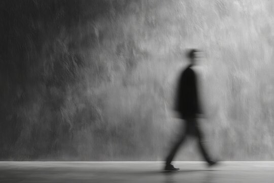 Blurred silhouette of person walking past textured concrete wall. High contrast black and white photography with motion blur, creating a mysterious atmosphere and anonymity