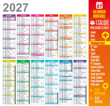 Calendrier 2027 modifiable avec calques