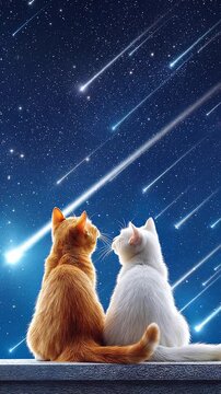 Ginger and white cats sitting together watching meteor shower in night sky. Back view of pets observing falling stars. Panning camera movement.