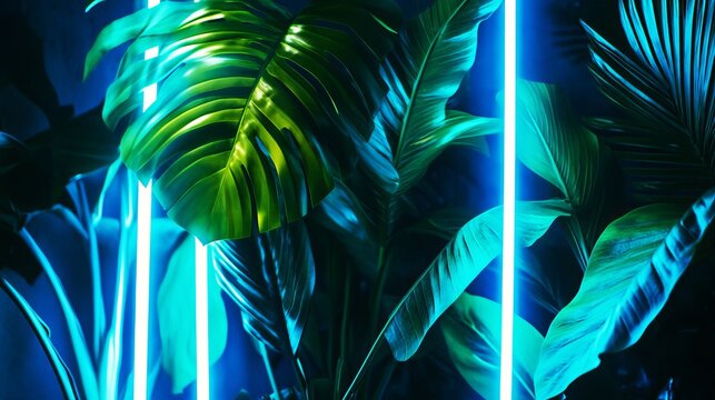 Vibrant monstera leaves illuminated by bright neon blue light tubes in a dark modern interior setting