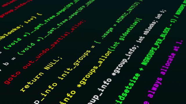 Dynamic close up angled view of glowing green computer programming language script scrolling on a screen.