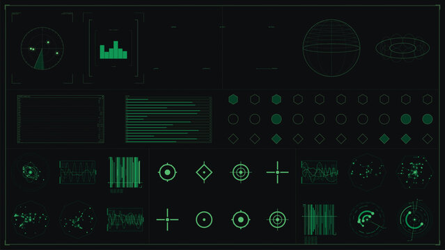 Neon Green Data Matrix Dot Grid Vector Elements on Dark Background for Sci-Fi Interface Design