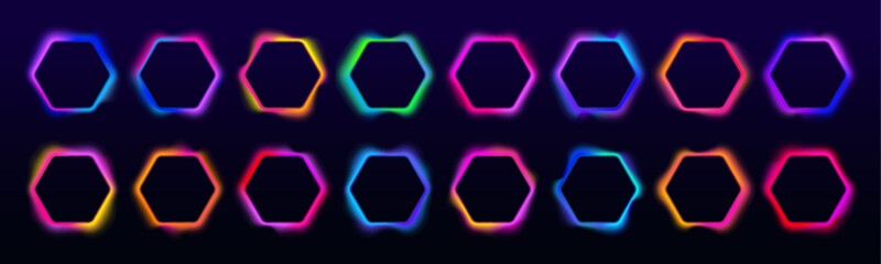 Set of gradient neon hexagon frame with colorful electric LED glow on dark background. Bright glowing borders and luminous line box. Futuristic illuminated shape. Vector illustration.  © ikril