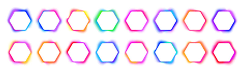 Set of colorful neon hexagon frame with gradient glow and electric LED effect. Sharp corners, bright borders and luminous line. Futuristic light box in PNG. Vector illustration. © ikril