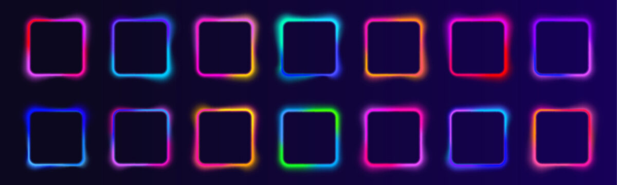 Set of colorful neon square frame with gradient glow and electric LED effect. Sharp corners, bright borders and luminous line. Futuristic light box. Vector illustration. 