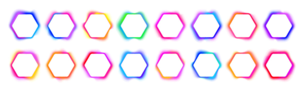 Set of colorful neon hexagon frame with gradient glow and electric LED effect. Sharp corners, bright borders and luminous line. Futuristic light box in PNG. Vector illustration.