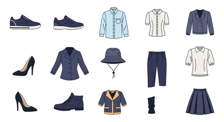 Naklejka premium Set of modern clothing and footwear icons for men and women including shirts, jackets, shoes, and stylish fashion accessories.