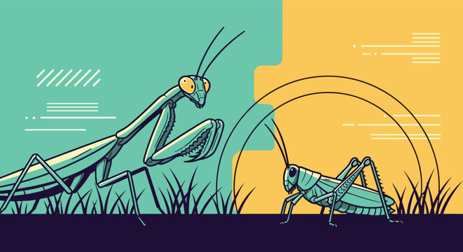 Praying mantis facing a grasshopper in a grassy field under a stylized sun during a summer day in the countryside landscape.