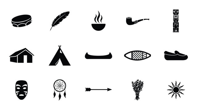 Native american culture and tradition vector icons representing heritage and ancient symbols.