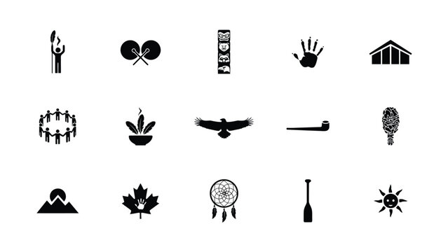 Native american traditional symbols including feather drum totem pole and spiritual elements.