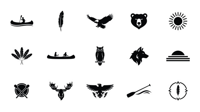 Canoe feather eagle bear sun wildlife indigenous collection icons.