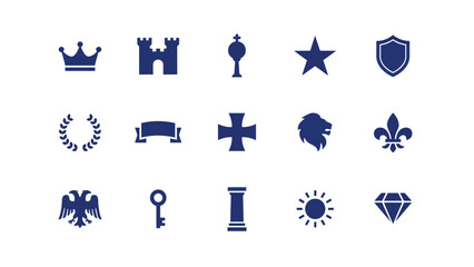 Heraldic royal symbols including crown castle star shield eagle and fleur de lis icons. © Shovon