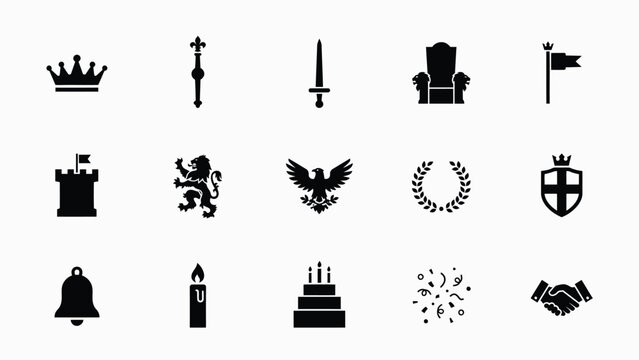 Set of black royal birthday celebration and medieval symbols vector collection.