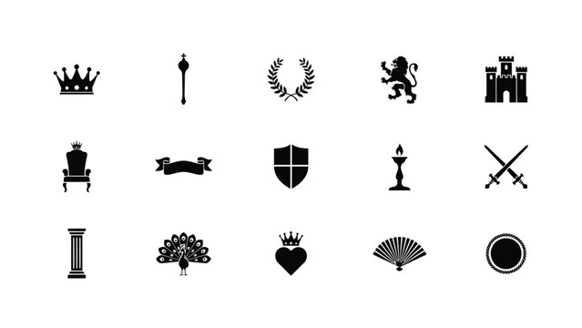 Heraldic elements collection with crowns thrones shields swords lion and peacock designs.
