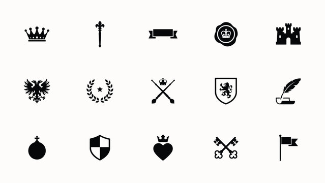 Royal heraldry set featuring crowns scepters shields crests banners and historical icons.