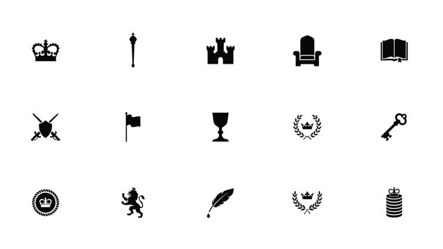 Royal symbols crown castle throne and sceptre isolated on white background emblems.