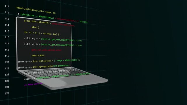Open laptop computer showing glowing green software engineering code script and floating development UI panels.
