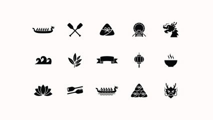 Fototapeta premium Icon set of dragon boat festival elements featuring racing boats and holiday food items.