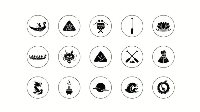 Set of circle badge icons related to dragon boat festival culture and racing equipment.