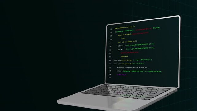 Side view of laptop computer processing automated big data encryption and secure software coding scripts.