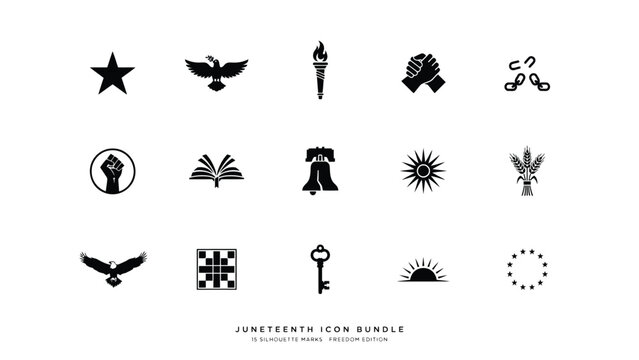 Juneteenth celebration icons raised fist open book bell sun wheat eagle key dawn.
