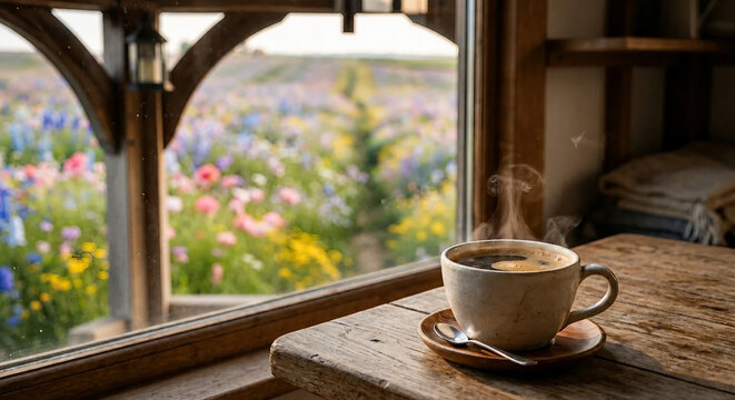 Hot coffee cup on wooden table with blurred flower garden background and soft natural daylight through window