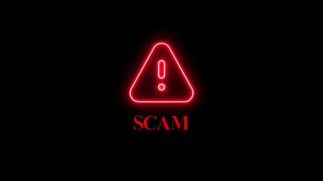 Neon red scam warning sign with glowing exclamation triangle for cybersecurity and fraud prevention alert