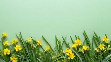 Fototapeta premium Bright yellow spring flowers arranged neatly along the bottom edge of a soft green pastel background