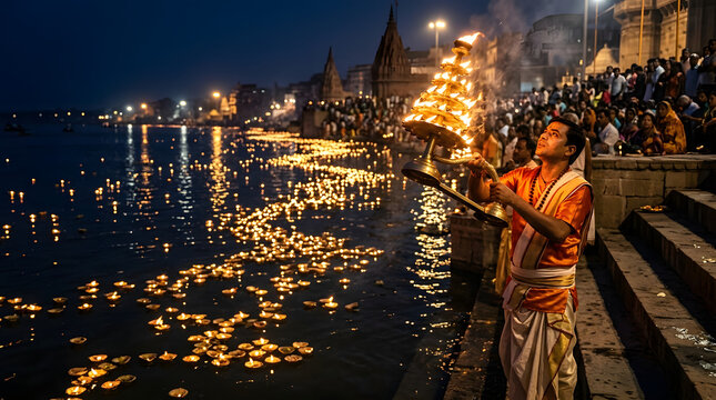 Ganga dussehra ritual with aarti lamp at night by the river bank