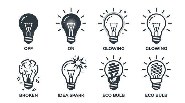Minimalist Light Bulb Icon Set in Black and White
