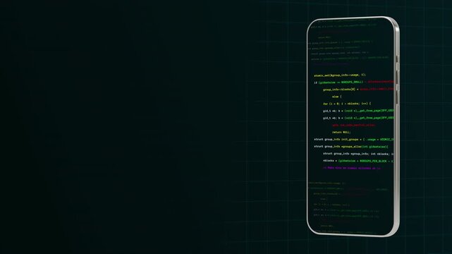 Dual vertical smartphone display visualizing secure green software programming code scripts and server network data logs.