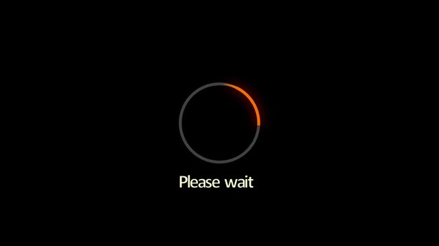 Minimalist loading spinner animation with please wait text on black background, for digital interface, and software ui