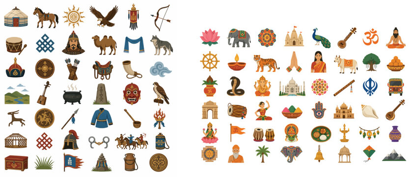 Vsai mongolia and india cultural symbols and traditions collection