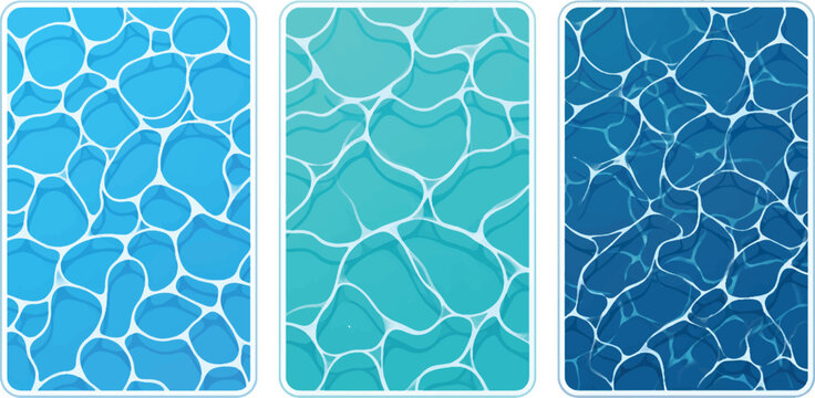 Quiet Clear Blue Water Surface Seamless Pattern Illustration Set, Modern Flat Cartoon Beach and Pool Background, Turquoise Ripples Summer Vacation Backdrop Collection