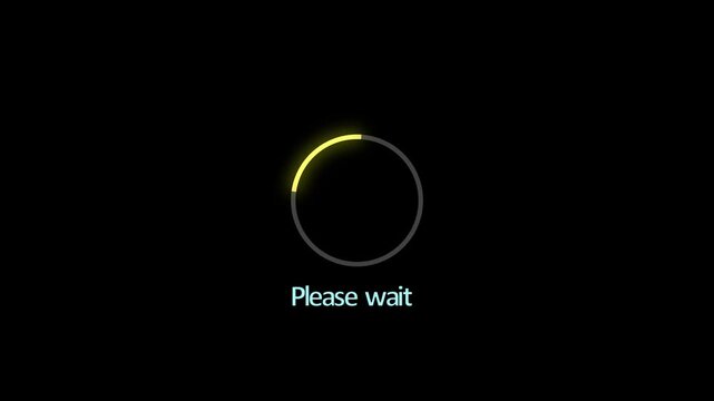 Minimalist loading spinner animation with please wait text on black background, for digital interface