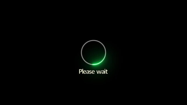 Green glowing loading spinner animation with please wait text on black background, for digital interface, and software ui