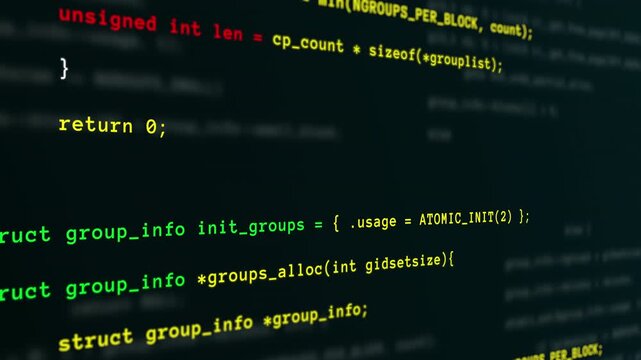 Close up view of digital terminal console debugging software programming code lines and system parameters.