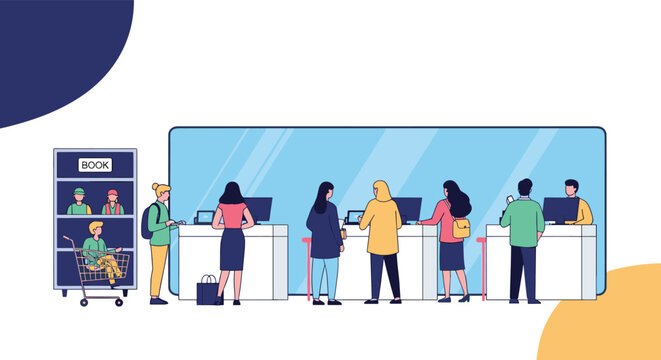 Flat illustration of diverse people standing in a queue at a modern service counter with staff assisting customers in an office or store setting.