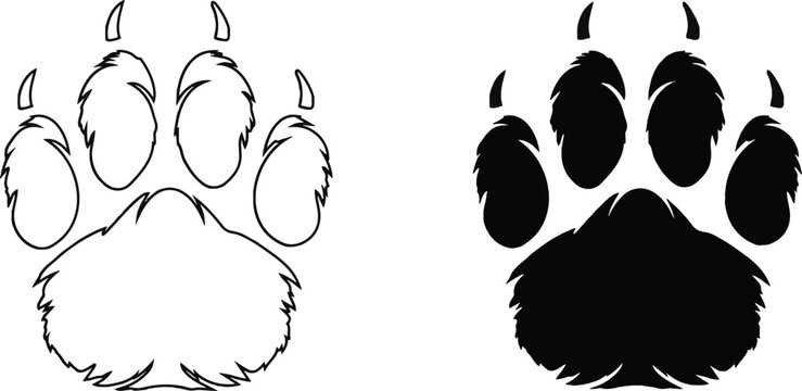 Silhouette of a bear paw print with claws on white background