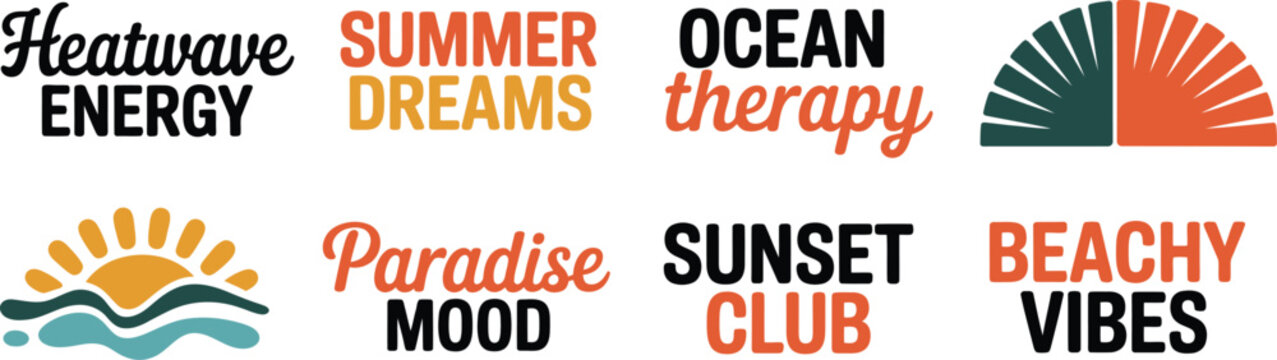 A collection of modern minimalist summer typography logos featuring beach and sun themed graphics.